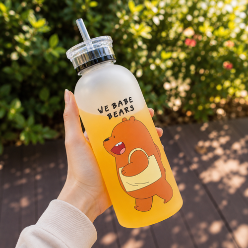 Panda water bottle with 'We Babe Bears' print - kawaii 1000ml transparent tumbler