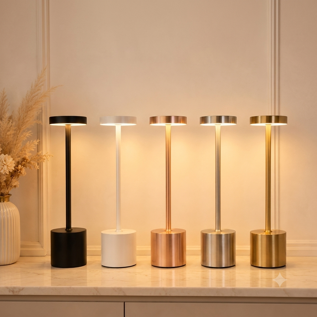 Aurora Touch Lamp glowing warm white on bedside table