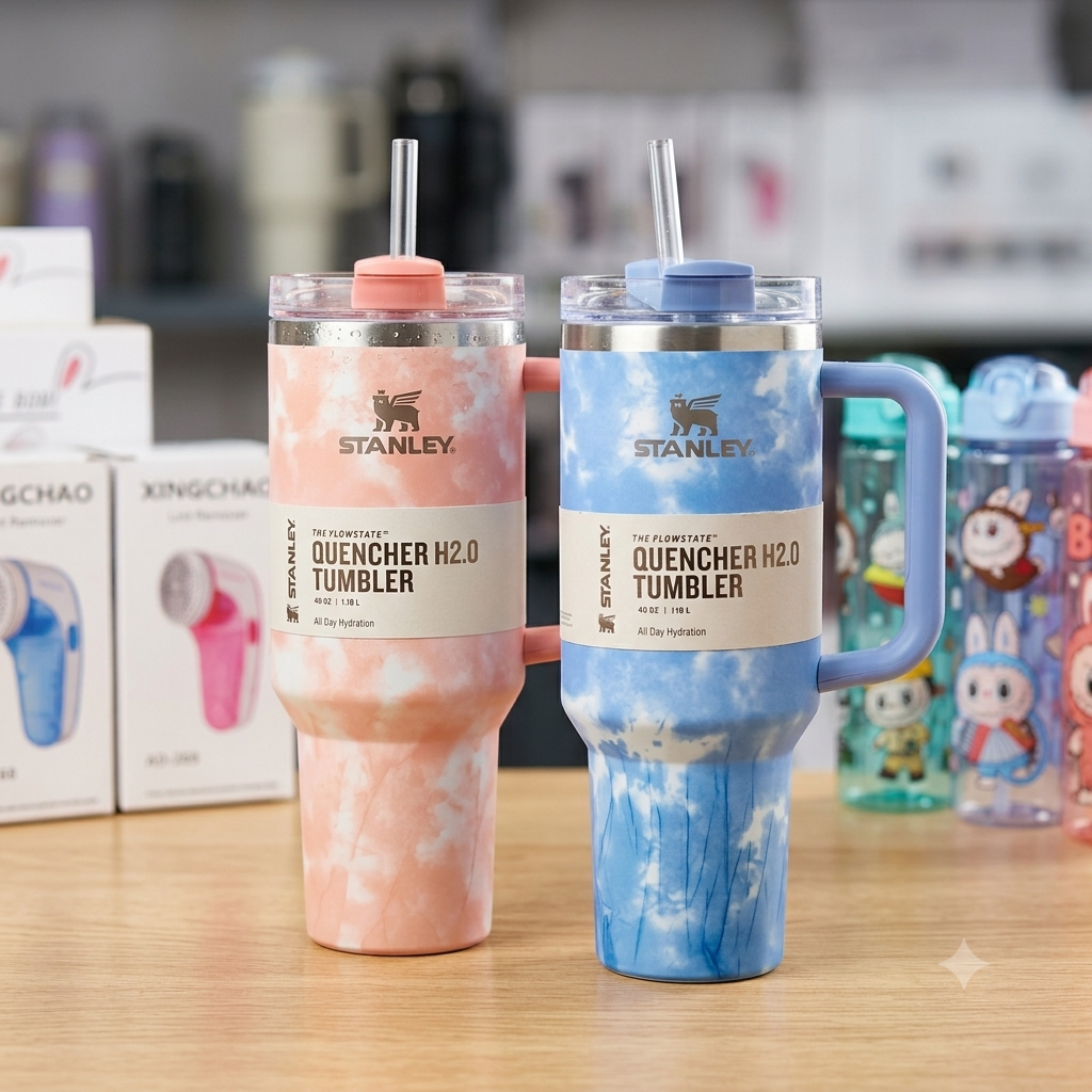 Cloud tie-dye 40oz tumblers side by side - Blue and Pink colorways with handles