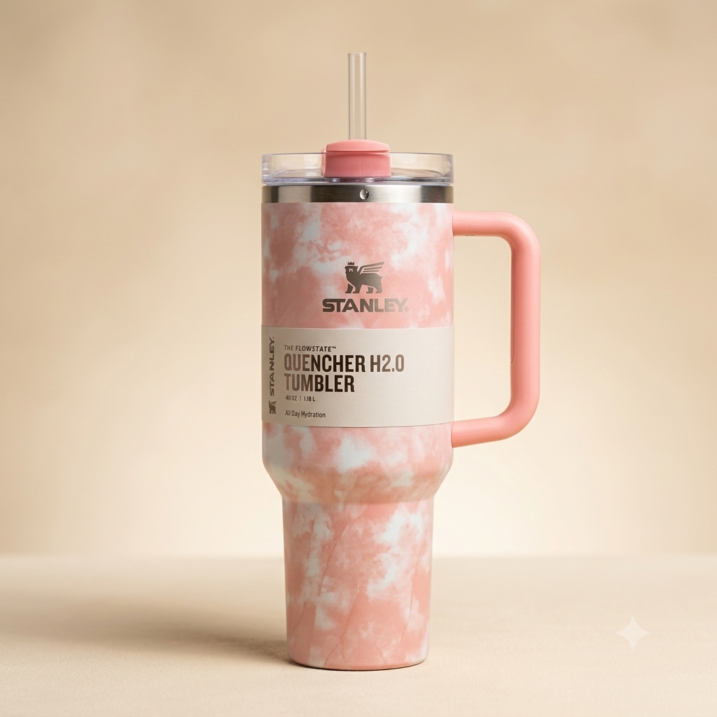 Cloud tie-dye 40oz insulated tumbler in Pink colorway with handle and straw