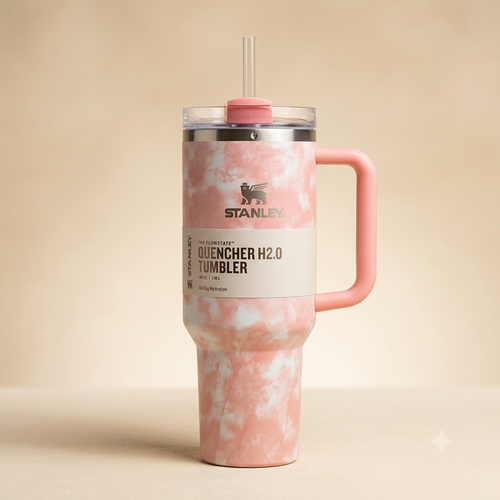 Cloud tie-dye 40oz insulated tumbler in Pink colorway with handle and straw