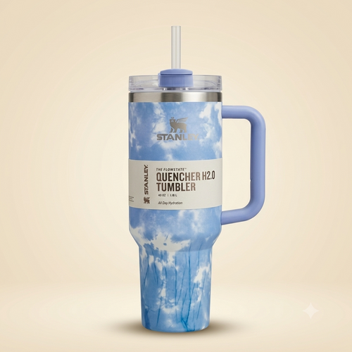 Cloud tie-dye 40oz insulated tumbler in Blue colorway with handle and straw