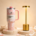 Home and Hydration Gift Set with pink cloud tumbler and gold touch lamp