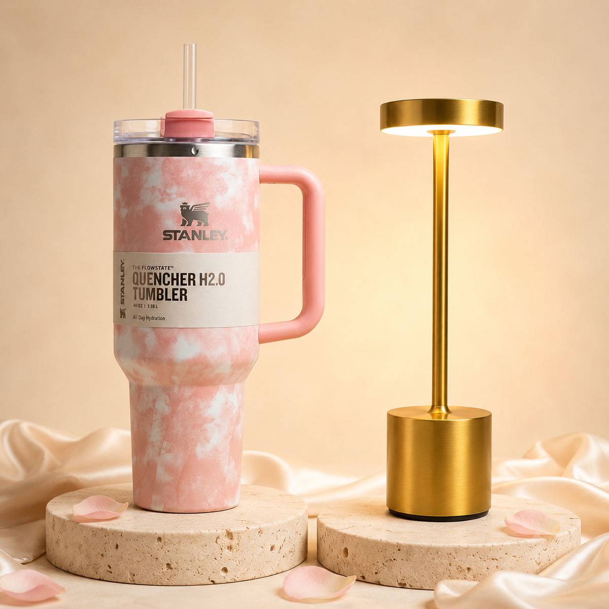 Home and Hydration Gift Set with pink cloud tumbler and gold touch lamp