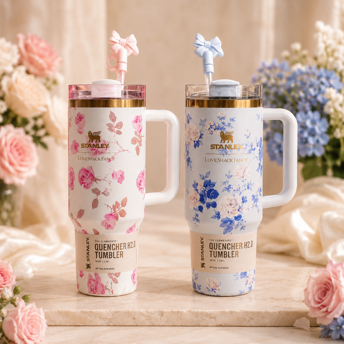 Premium Floral Tumbler Duo with Rose Quartz and Blue Garden 40oz tumblers