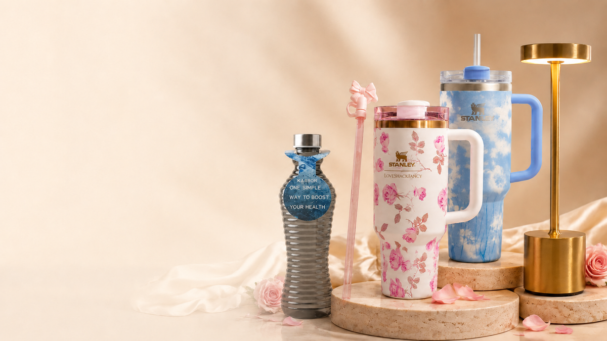 The Chic Essence Stanley floral and cloud tumblers, ribbed glass bottle and gold touch lamp